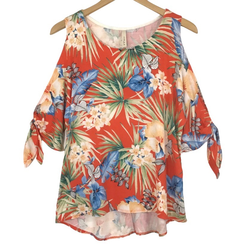 Gilli Cold Shoulder Tie Sleeves Blouse Top Size M Tropical Print Made In USA